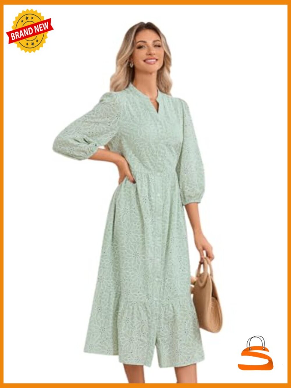 Boho Floral Lace Eyelet Midi Dress 3/4 Sleeve V-Neck Button - Picture 5 of 7